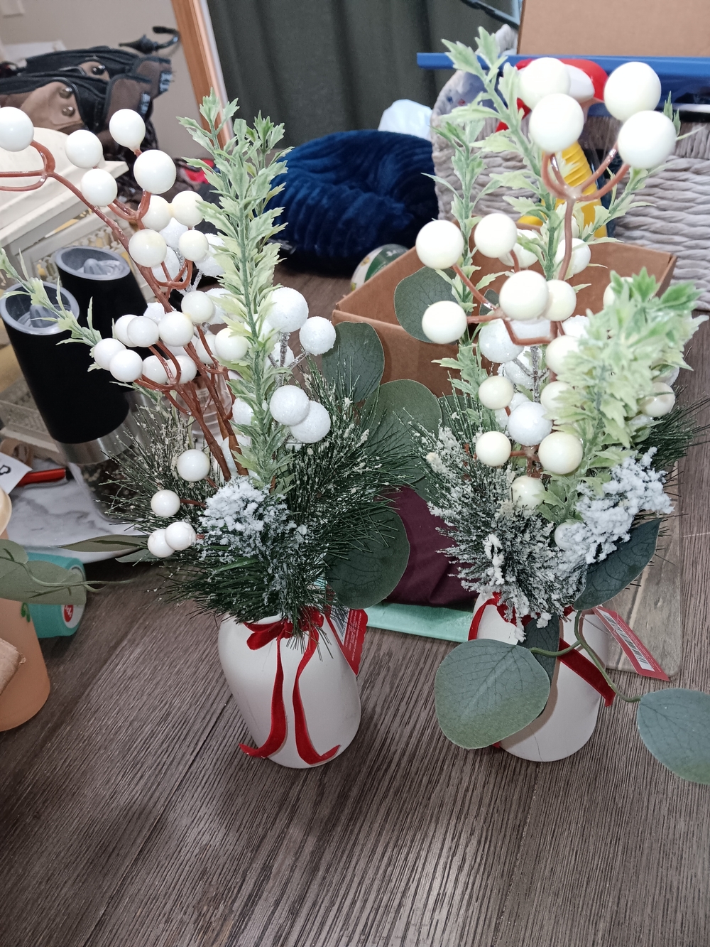 Pair Of Michaels White Winter Berry & Greenery Vase Arrangement
